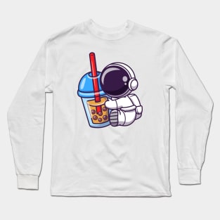 Cute Astronaut Holding Boba Milk Tea Cartoon Long Sleeve T-Shirt